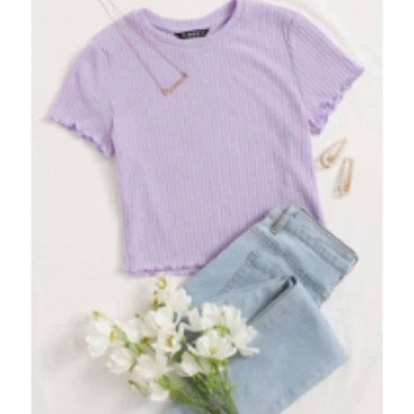 Purple Ribbed Lettuce-Edge Cropped Tee - Picture 2 of 2